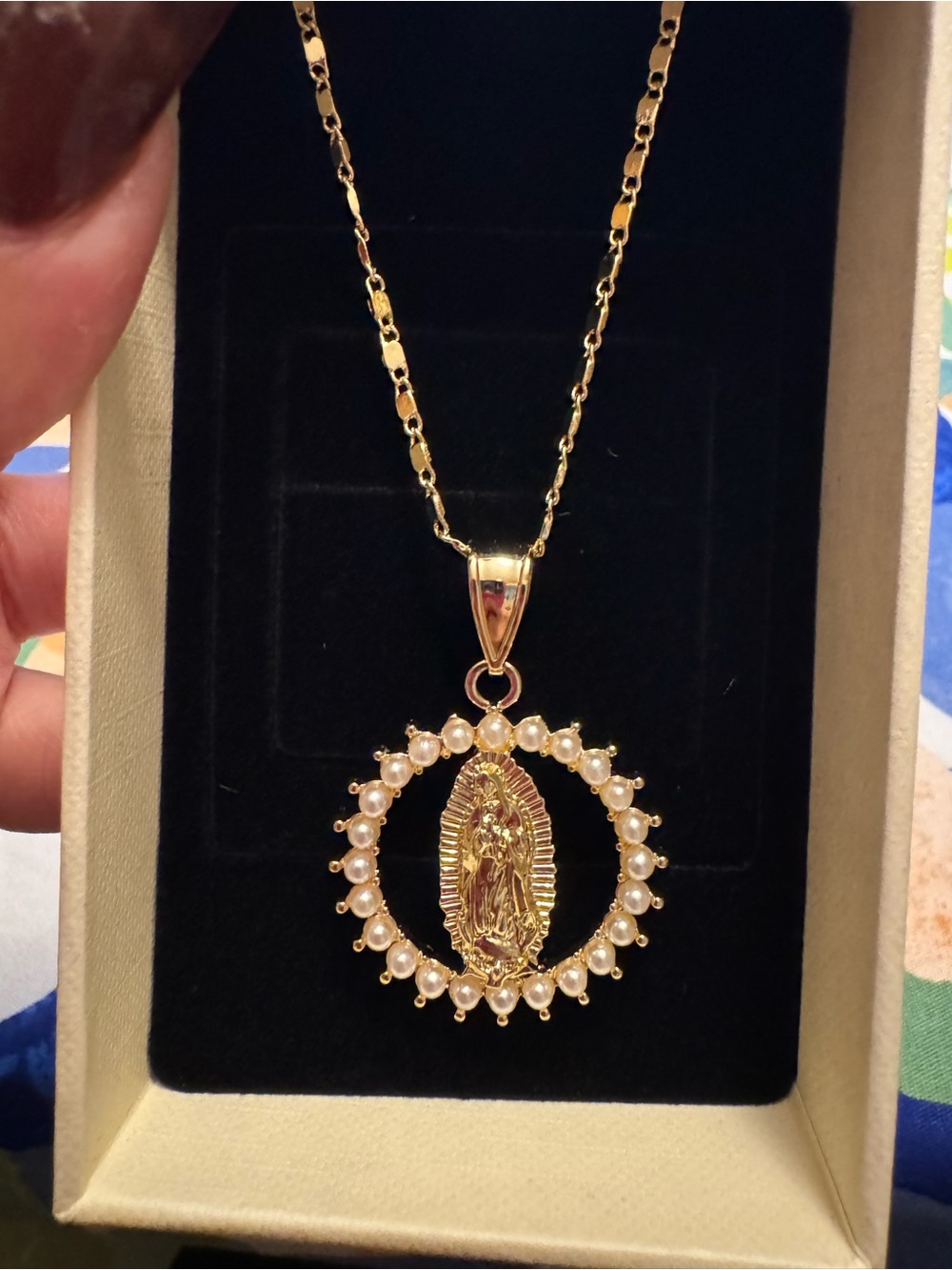 Gold Virgin Mary Pendant Necklace with Pearl Halo